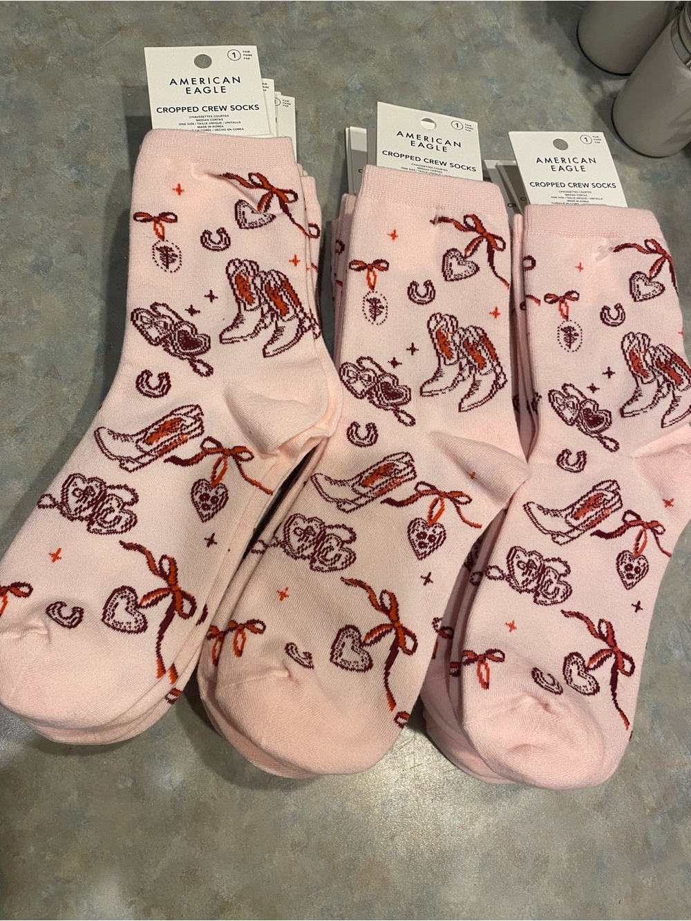 American Eagle Outfitters Pink Cowgirl Crew Socks - Boot Heart Horseshoe Motifs